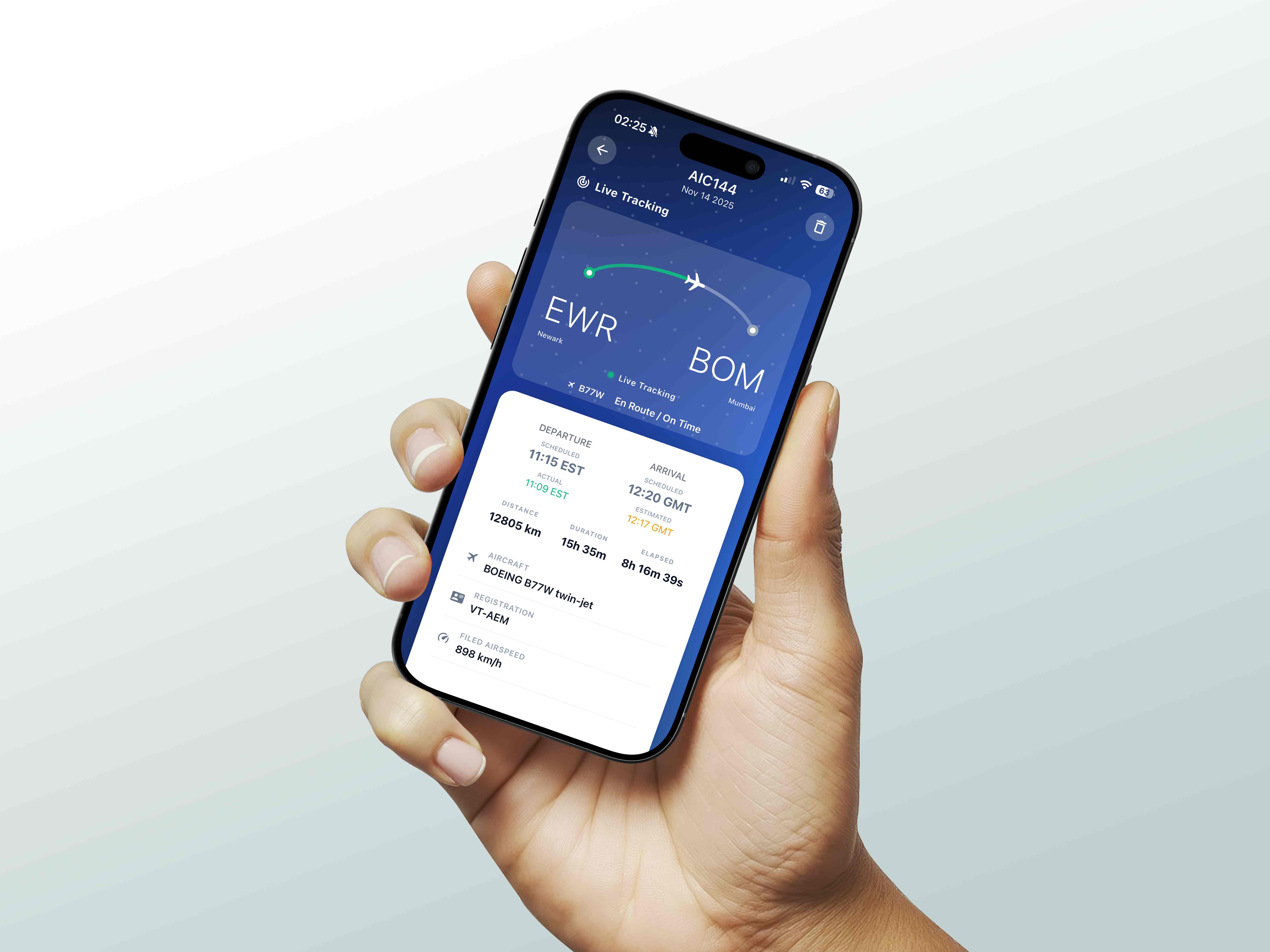 Hand holding iPhone showing Vexoro DelayShield live flight tracking