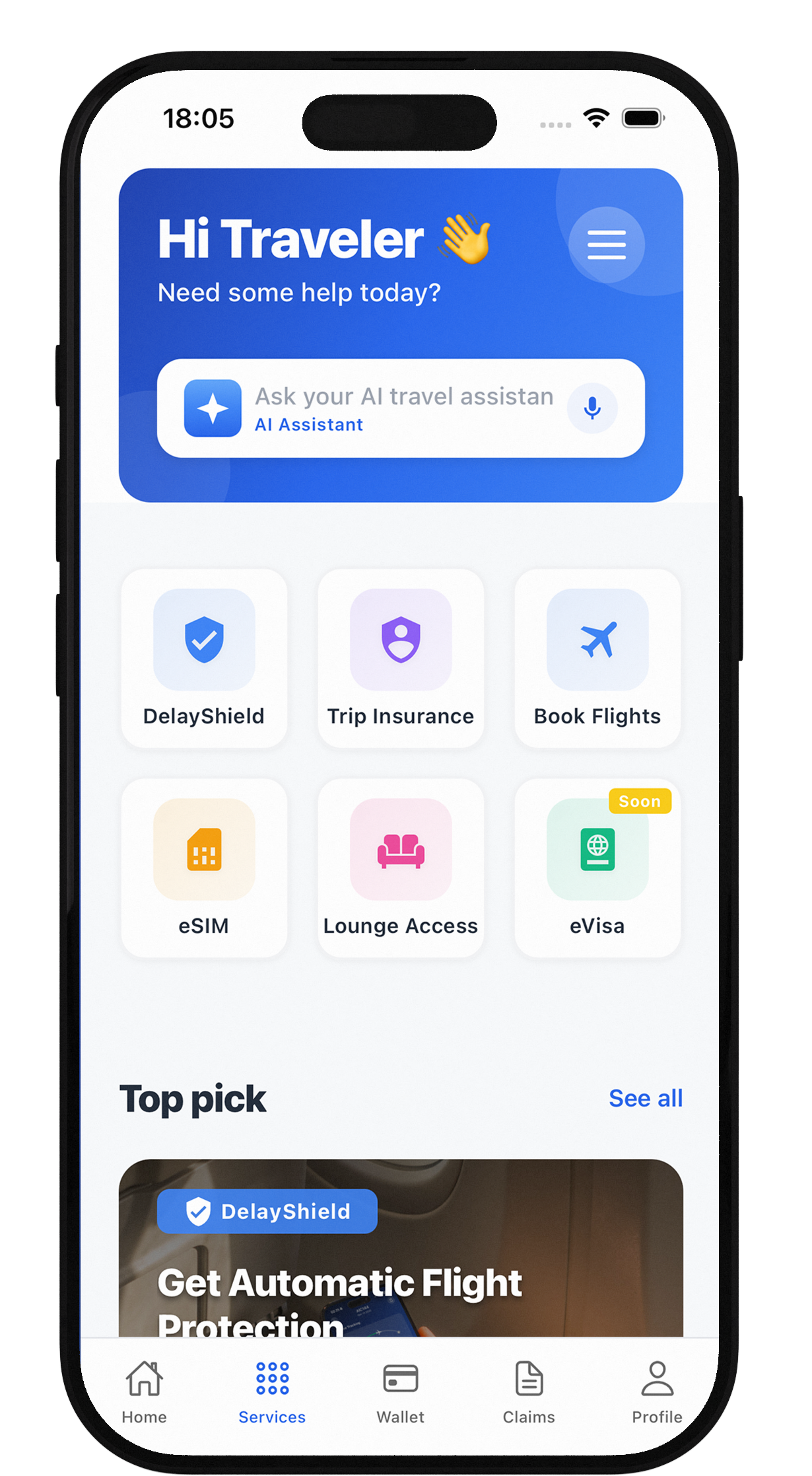 Vexoro app home screen with AI Assistant and services